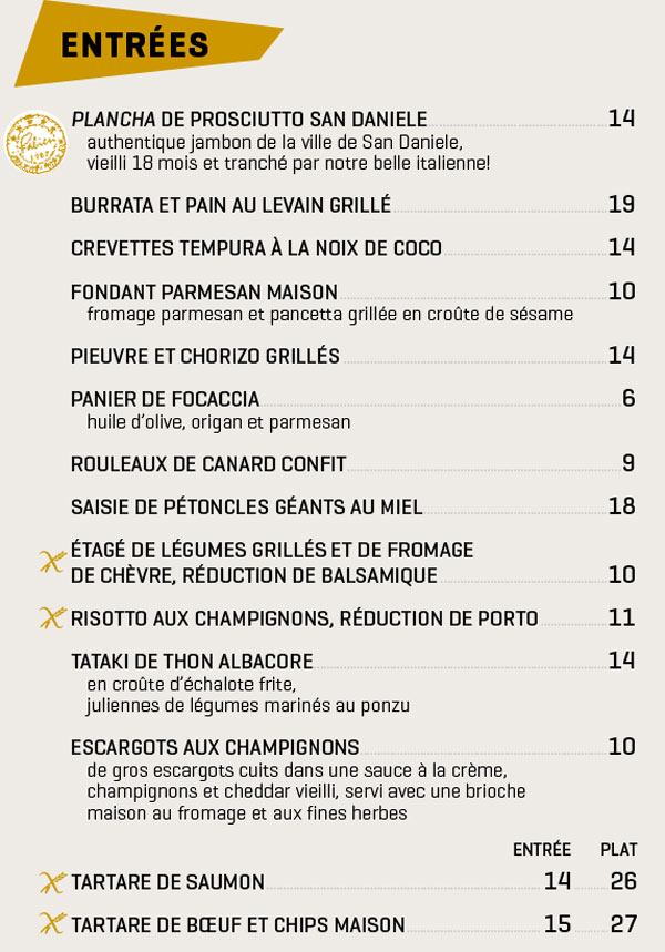 Appetizers Restaurant menu Terrebonne Chez Fabien