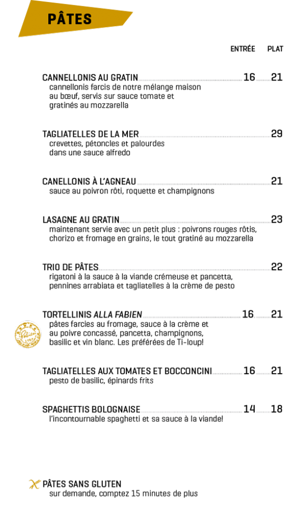 Pâtes Menu restaurant Terrebonne Chez Fabien